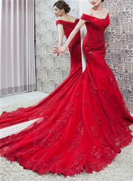 Picture of Dark Red Color Mermaid Off Shoulder Evening Gown with Lace Applique, Red Color Formal Gown Prom Dresses